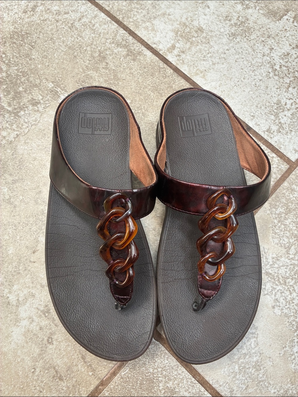 Fitflop Women's Brown Leather Sandals with Tortoiseshell Chain Accent